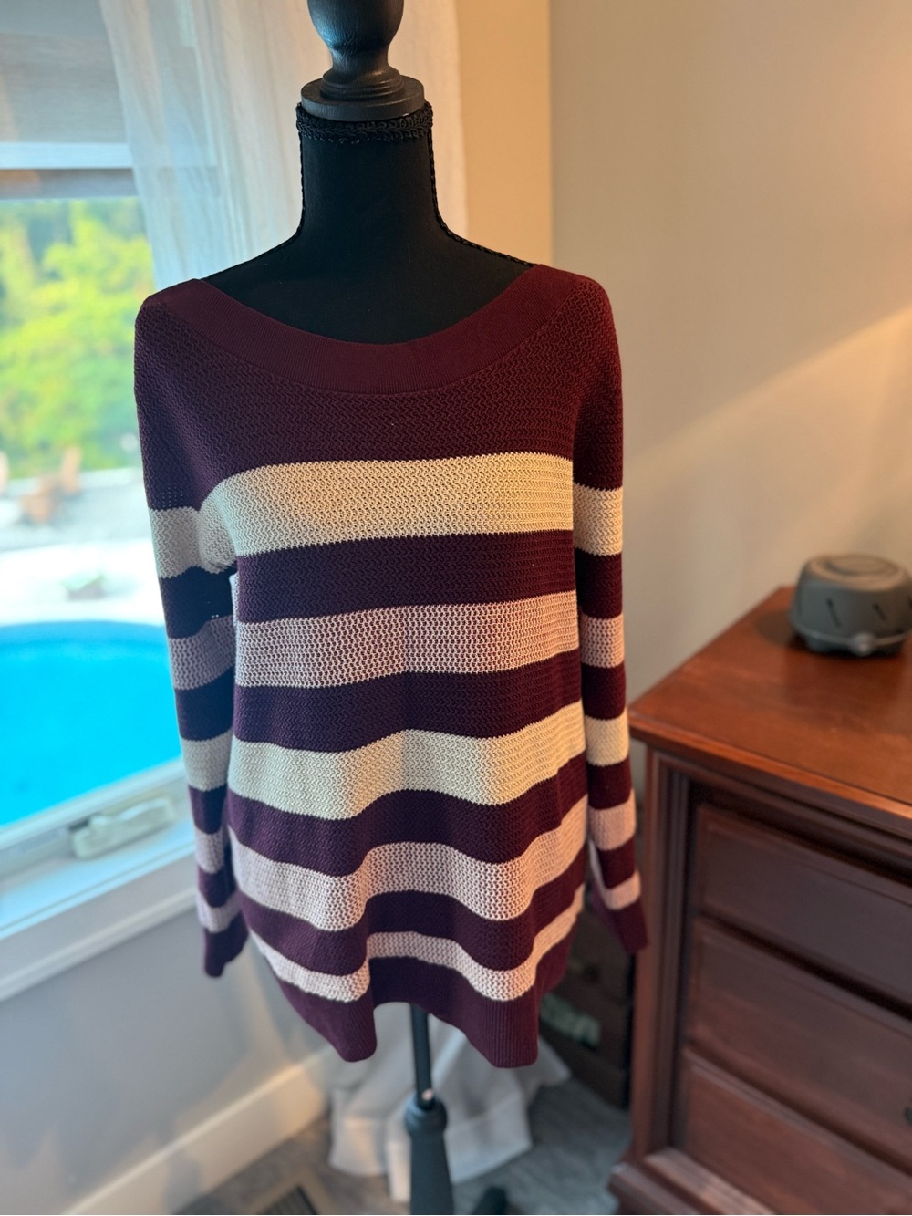 Market & Spruce Burgundy and Cream Striped Off-Shoulder Sweater